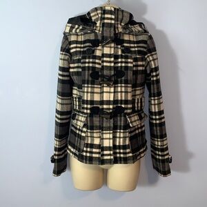 Hydraulic plaid tartan Black White Purple toggle pea hooded coat Y2K size  S